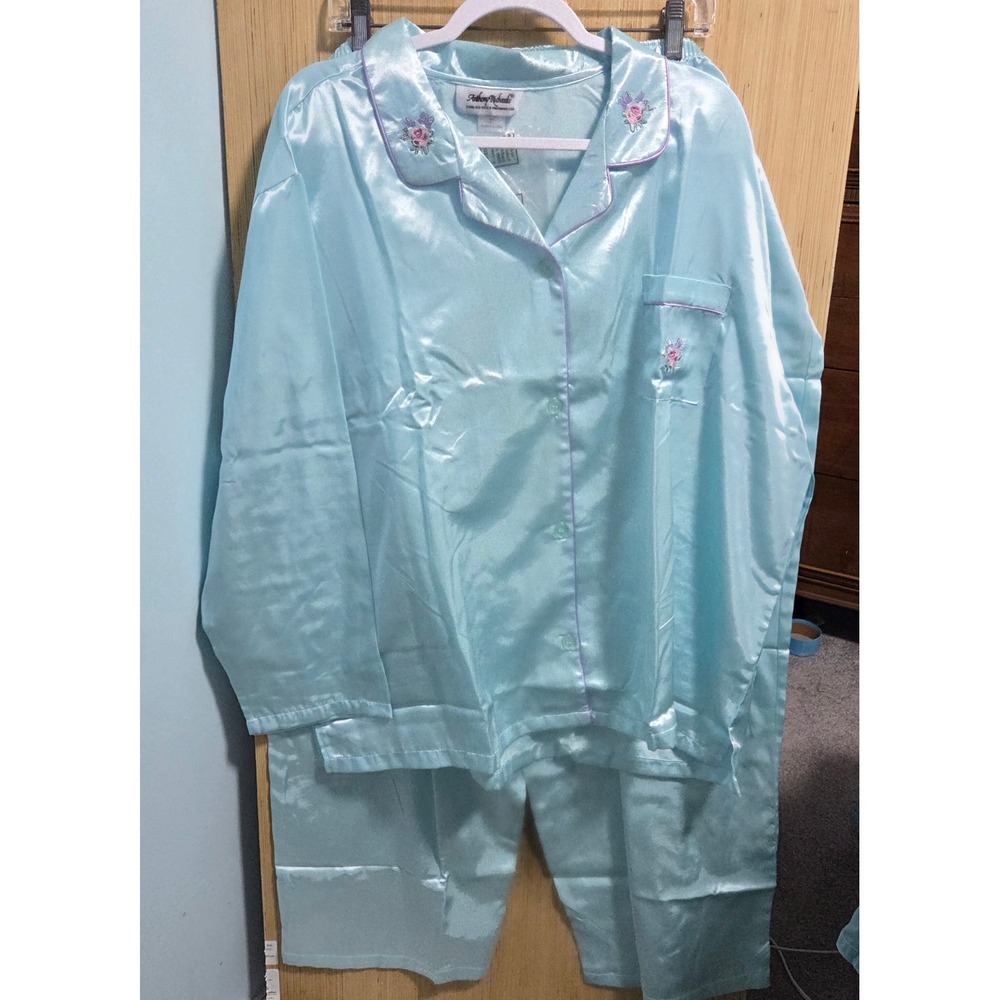 Anthony‎ Richards Womens 3X Blue Satin Pajama Set Floral Embroidered 2pc 3818